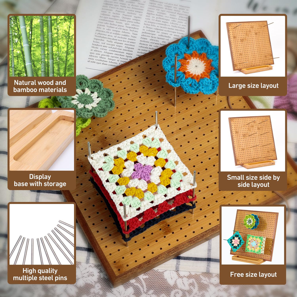 11.8" Crochet Blocking Board with 20 Pins/Pegs, Blocking Board for Crocheting Knitting, Bamboo Granny Square Blocking Boards for Crochet Projects, Wooden Crocheting Accessories Gifts for Crocheters YTHOGTHA