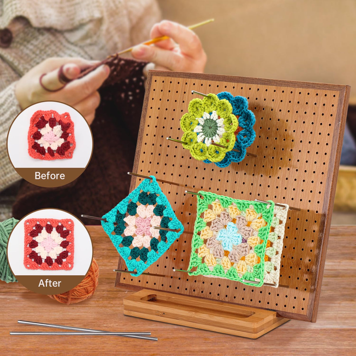 11.8" Crochet Blocking Board with 20 Pins/Pegs, Blocking Board for Crocheting Knitting, Bamboo Granny Square Blocking Boards for Crochet Projects, Wooden Crocheting Accessories Gifts for Crocheters YTHOGTHA
