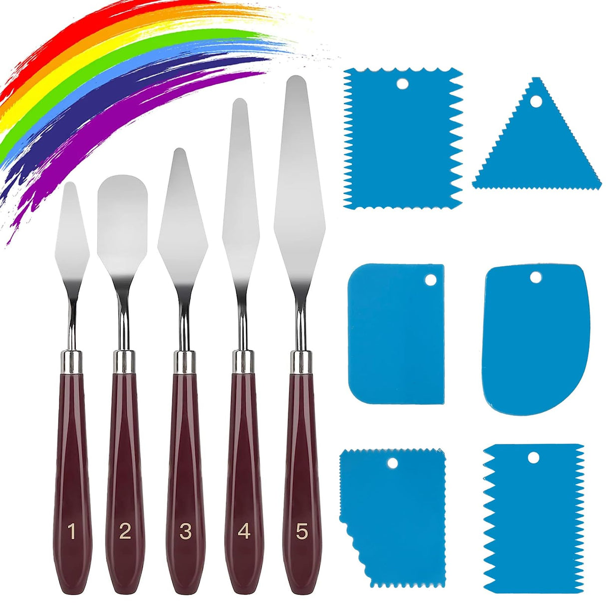 11 Pcs Palette Knife Set, 5 Pcs Stainless Steel Palette Knives and 6 Pcs Plastic Scrapers, Painting Accessories for Oil Acrylic Canvas Painting Color Mixing Thick Paint Applications (Blue) LIERFIS