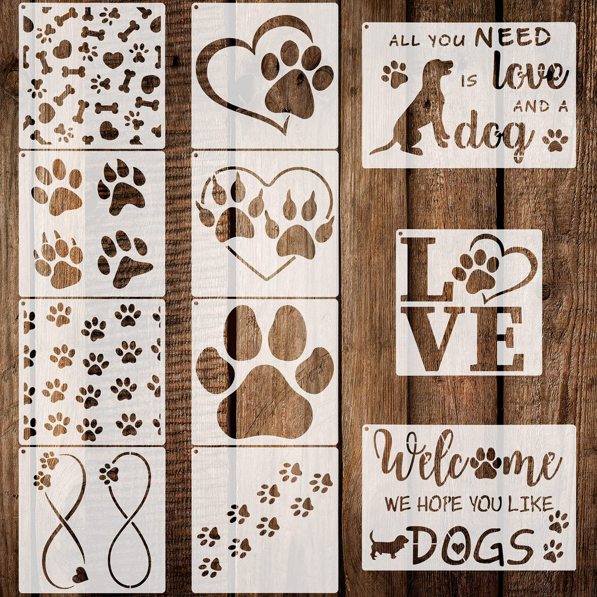 11 Pieces Dog Paw Stencils Trail of Paw Stencil Love Dog Stencils Reusable Painting Templates with Metal Open Ring for DIY Scrapbooks Painting on Wood Home Supplies Outus
