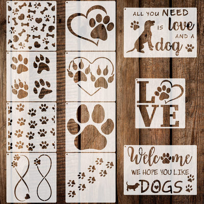 11 Pieces Dog Paw Stencils Trail of Paw Stencil Love Dog Stencils Reusable Painting Templates with Metal Open Ring for DIY Scrapbooks Painting on Wood Home Supplies