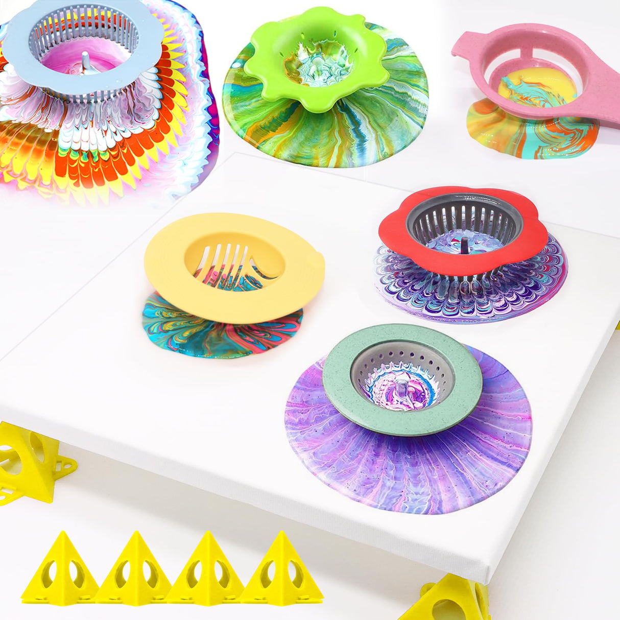 11” Rotate Turnable Sculpting Canvas Spinner Kits Acrylic Pouring Strainers Scraper Cone Painter Support Stands Gloves Foldable Wash Cup Painting Brushes Glitter Tools Pattern Train Art Supplies Angela&Alex