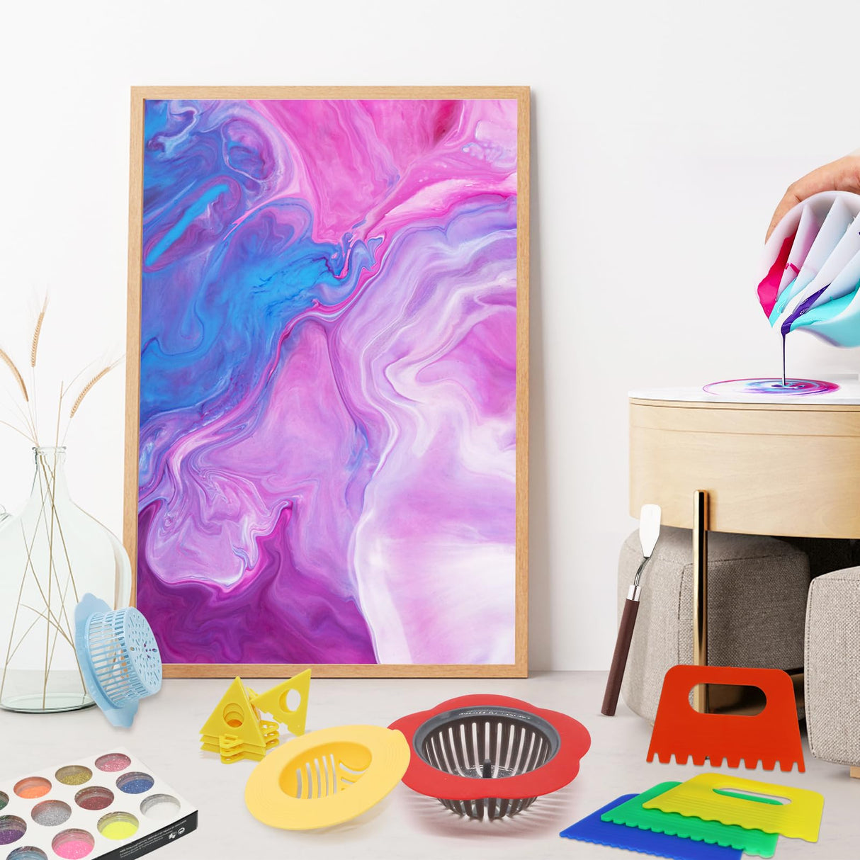 11” Rotate Turnable Sculpting Canvas Spinner Kits Acrylic Pouring Strainers Scraper Cone Painter Support Stands Gloves Foldable Wash Cup Painting Brushes Glitter Tools Pattern Train Art Supplies Angela&Alex