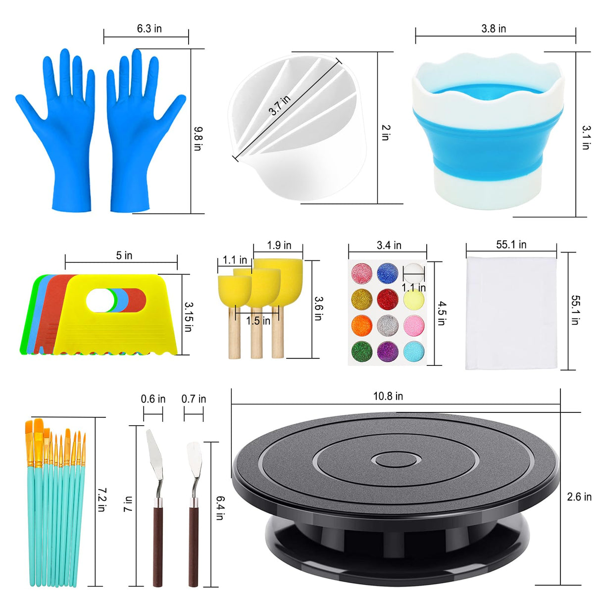 11” Rotate Turnable Sculpting Canvas Spinner Kits Acrylic Pouring Strainers Scraper Cone Painter Support Stands Gloves Foldable Wash Cup Painting Brushes Glitter Tools Pattern Train Art Supplies Angela&Alex