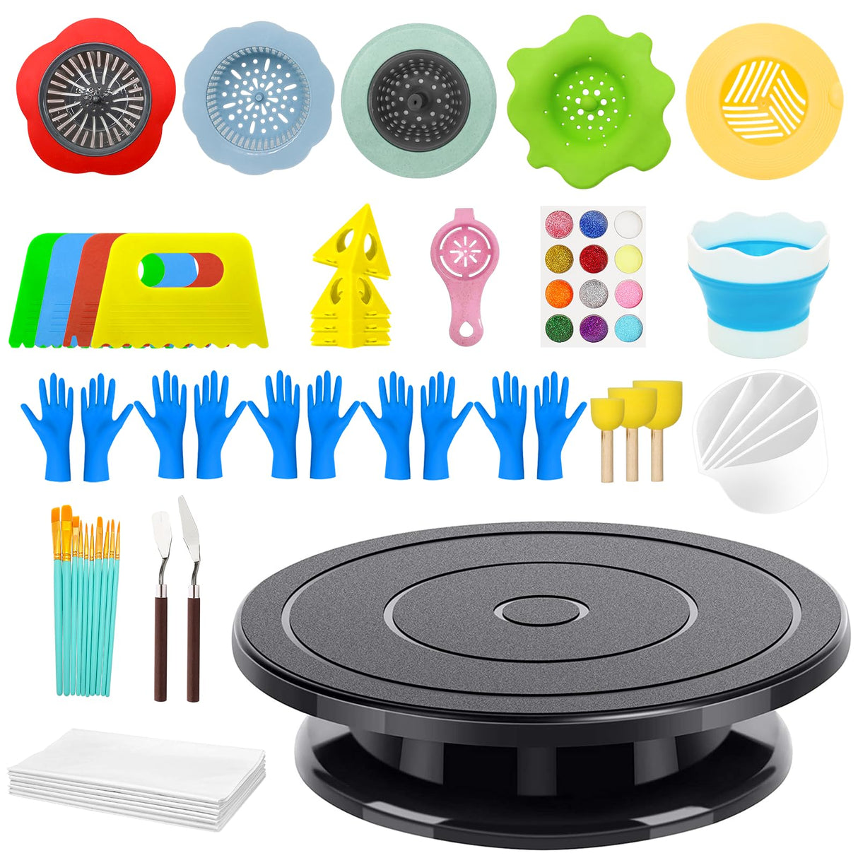 11” Rotate Turnable Sculpting Canvas Spinner Kits Acrylic Pouring Strainers Scraper Cone Painter Support Stands Gloves Foldable Wash Cup Painting Brushes Glitter Tools Pattern Train Art Supplies Angela&Alex