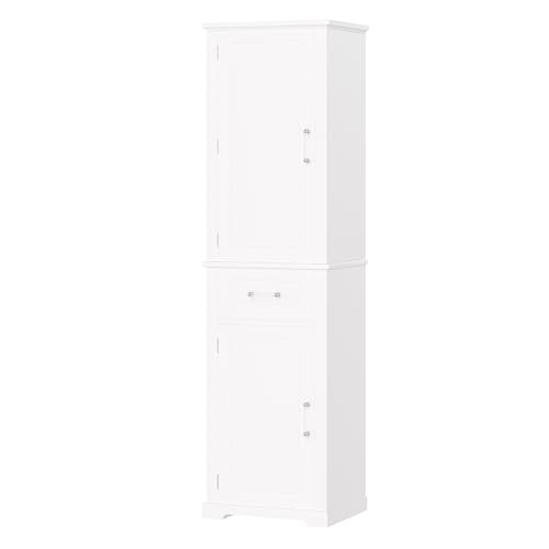 Pasirou 72" Tall Narrow Storage Cabinet with 2 Doors and One Drawer, Modern Freestanding Pantry Organizer with Adjustable Shelf and Door Shelves for Bathroom, Home Office, Kitchen, White Pasirou