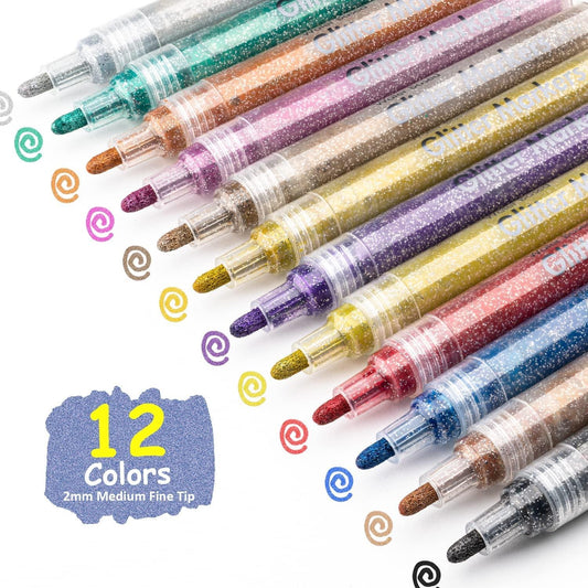 12 Colors Glitter Markers Pen Metallic Paint Pens Medium Kids & Adults Rock Painting and More 3mm - WoodArtSupply