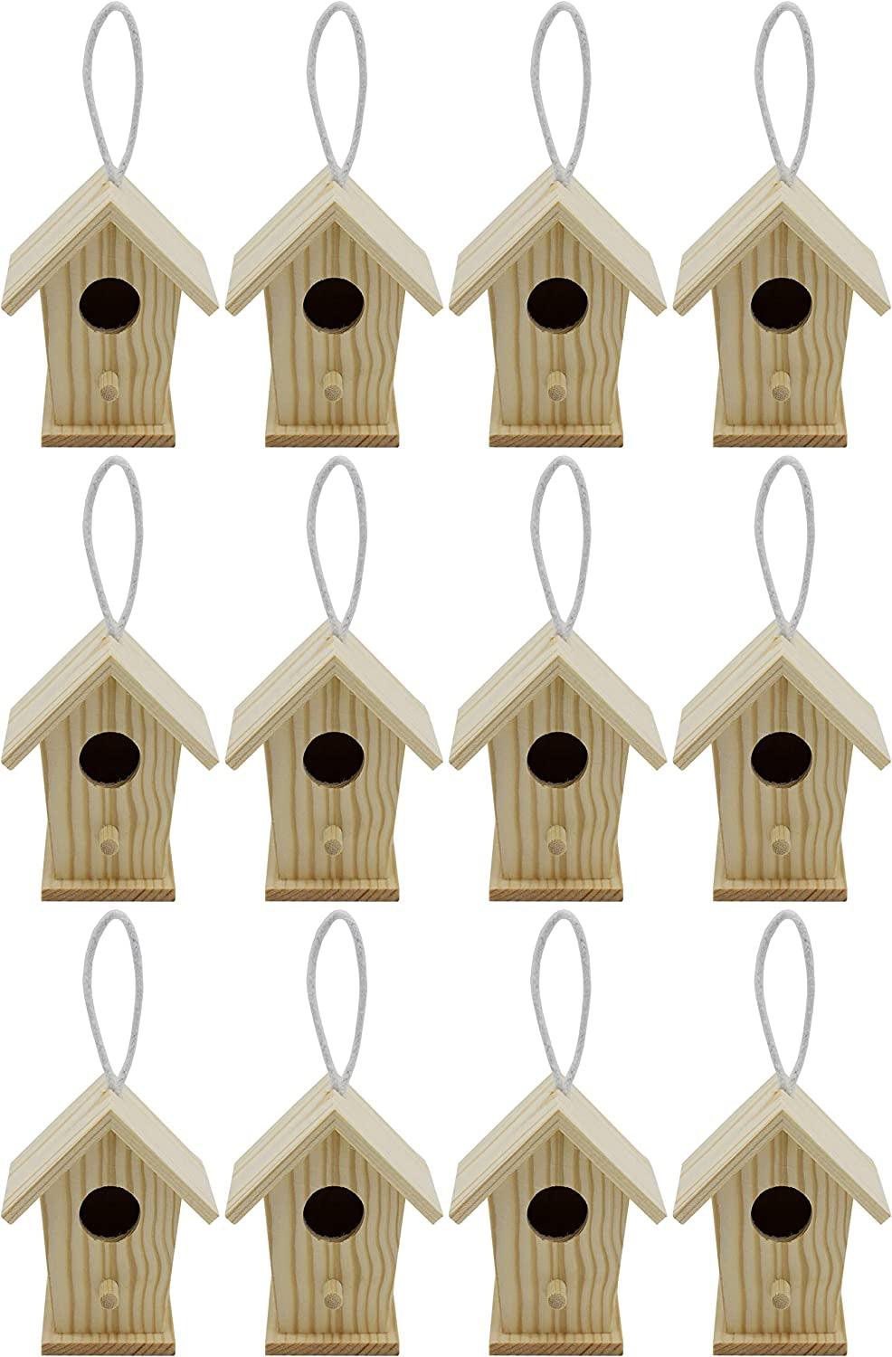 12-Pack of Mini Wooden Bird Houses to Paint, with Hanging Cords, Unfinished DIY Design Your Own WoodArtSupply