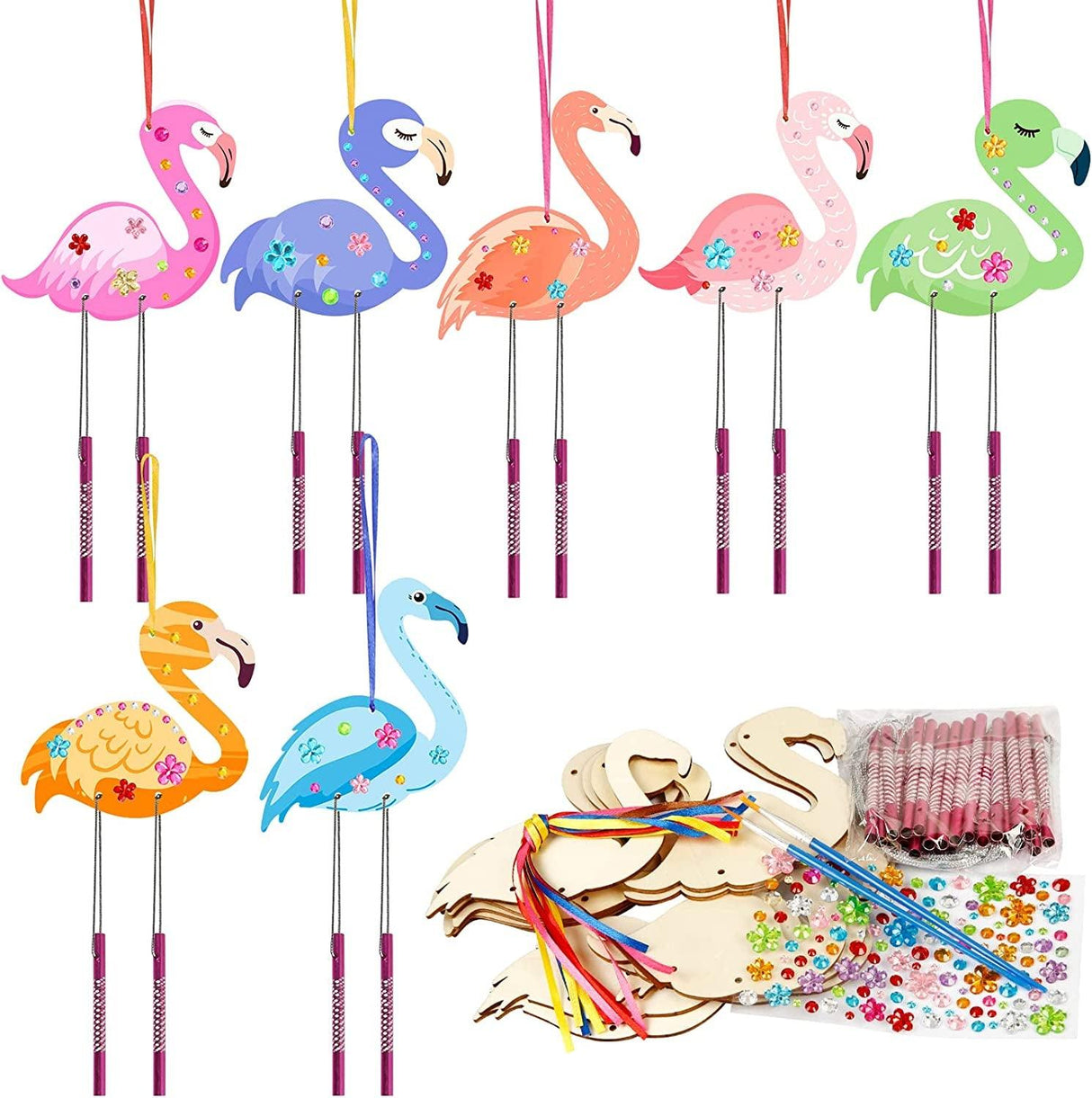 Flamingo DIY Wind Chime Craft Kit for Kids - 12 Pack Wooden Arts and Crafts Set WoodArtSupply