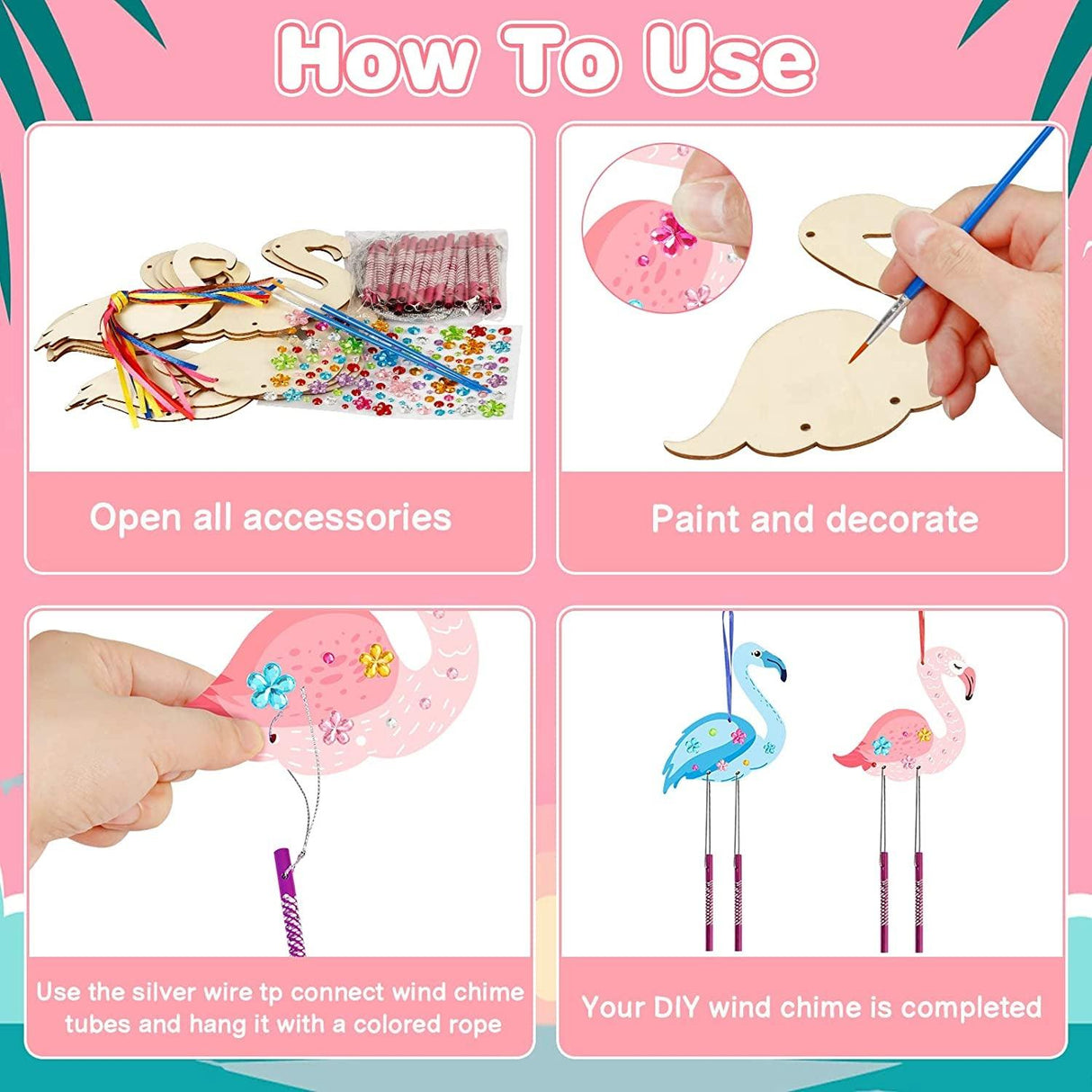 Flamingo DIY Wind Chime Craft Kit for Kids - 12 Pack Wooden Arts and Crafts Set WoodArtSupply