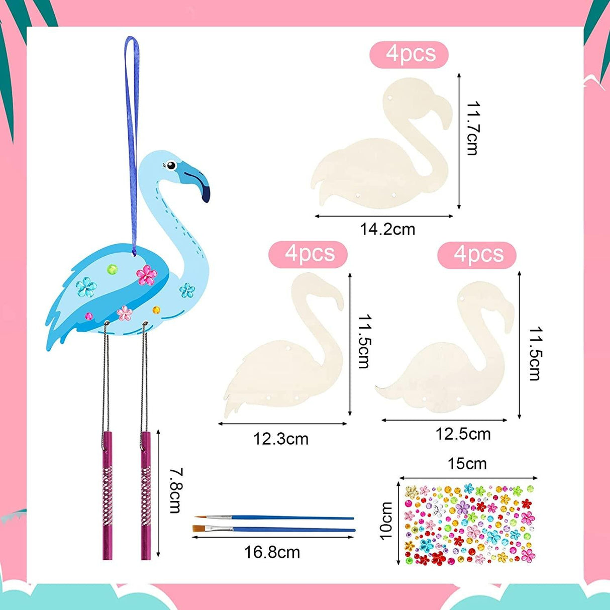Flamingo DIY Wind Chime Craft Kit for Kids - 12 Pack Wooden Arts and Crafts Set WoodArtSupply