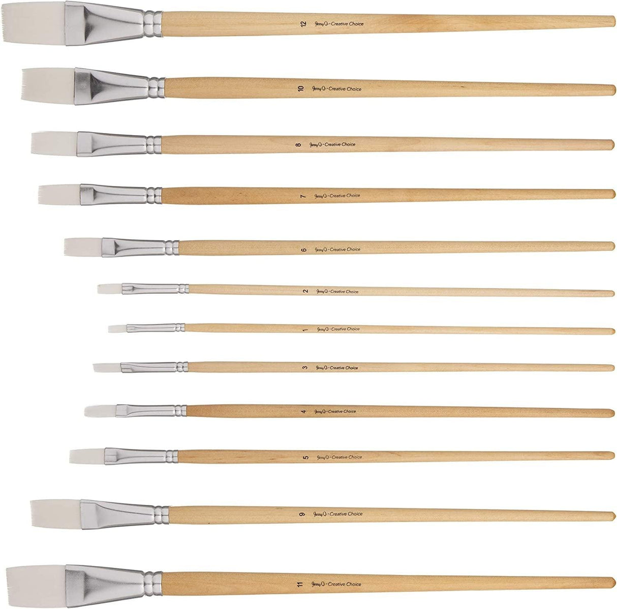 12 PC White Synthetic Hair Flat Brush Set with Long Wood Handles for Watercolor and Acrylic WoodArtSupply