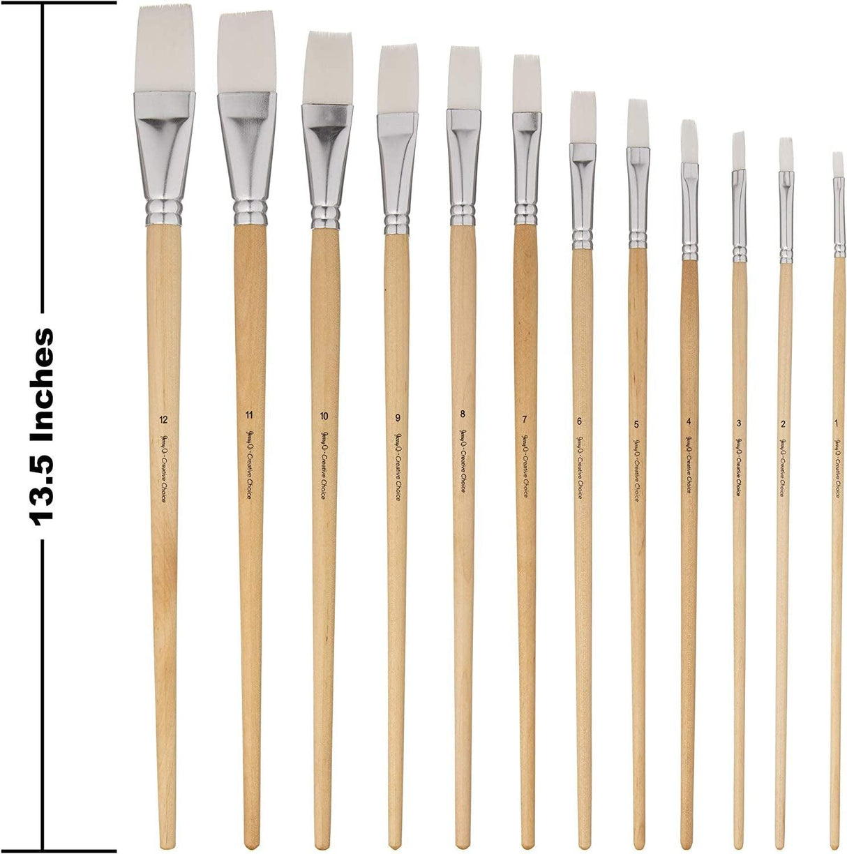 12 PC White Synthetic Hair Flat Brush Set with Long Wood Handles for Watercolor and Acrylic WoodArtSupply