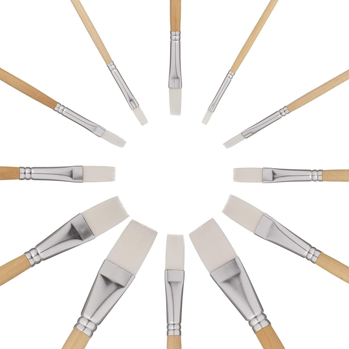 12 PC White Synthetic Hair Flat Brush Set with Long Wood Handles for Watercolor and Acrylic WoodArtSupply