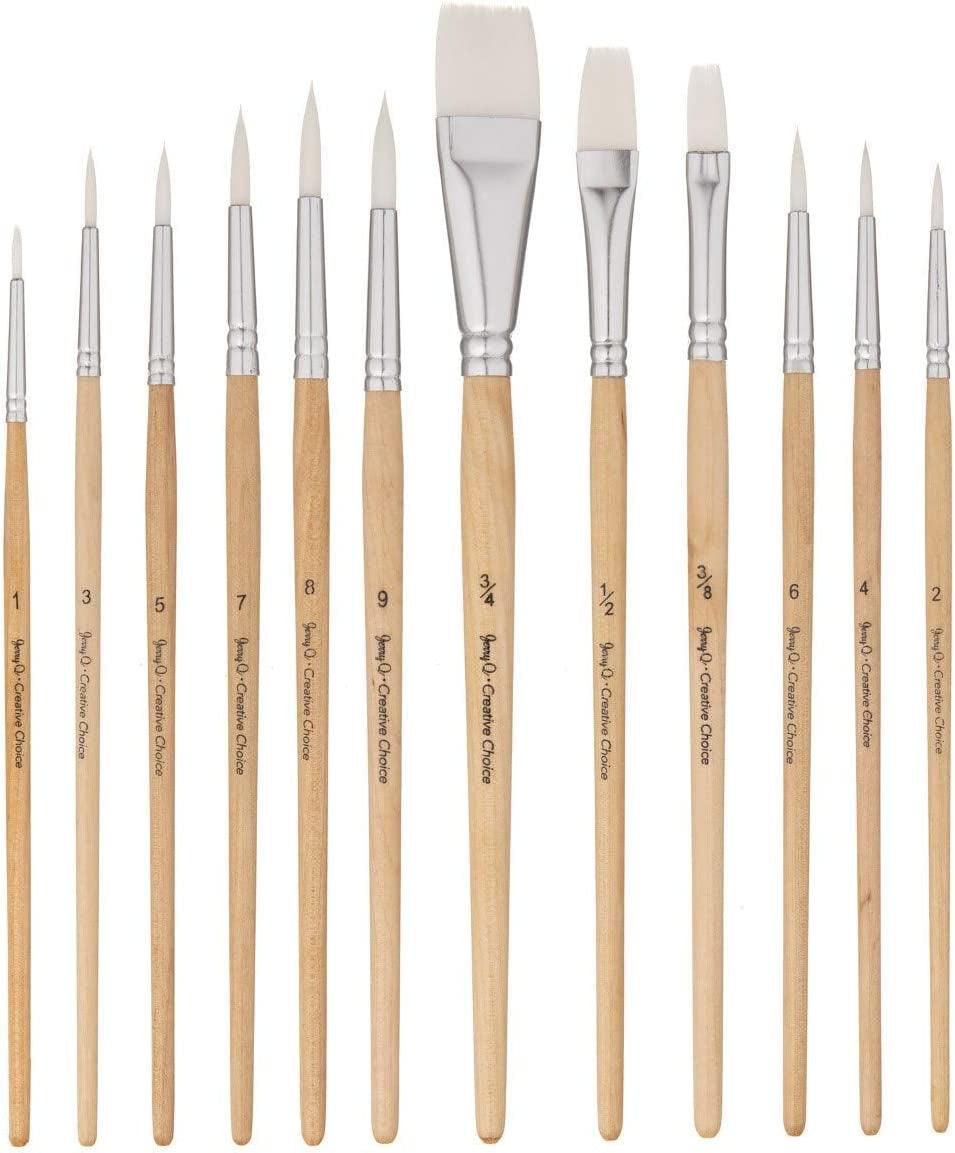 12 PC White Synthetic Hair round and Flat Paint Brush Set with Short Wood Handle for Acrylic, Watercolor WoodArtSupply