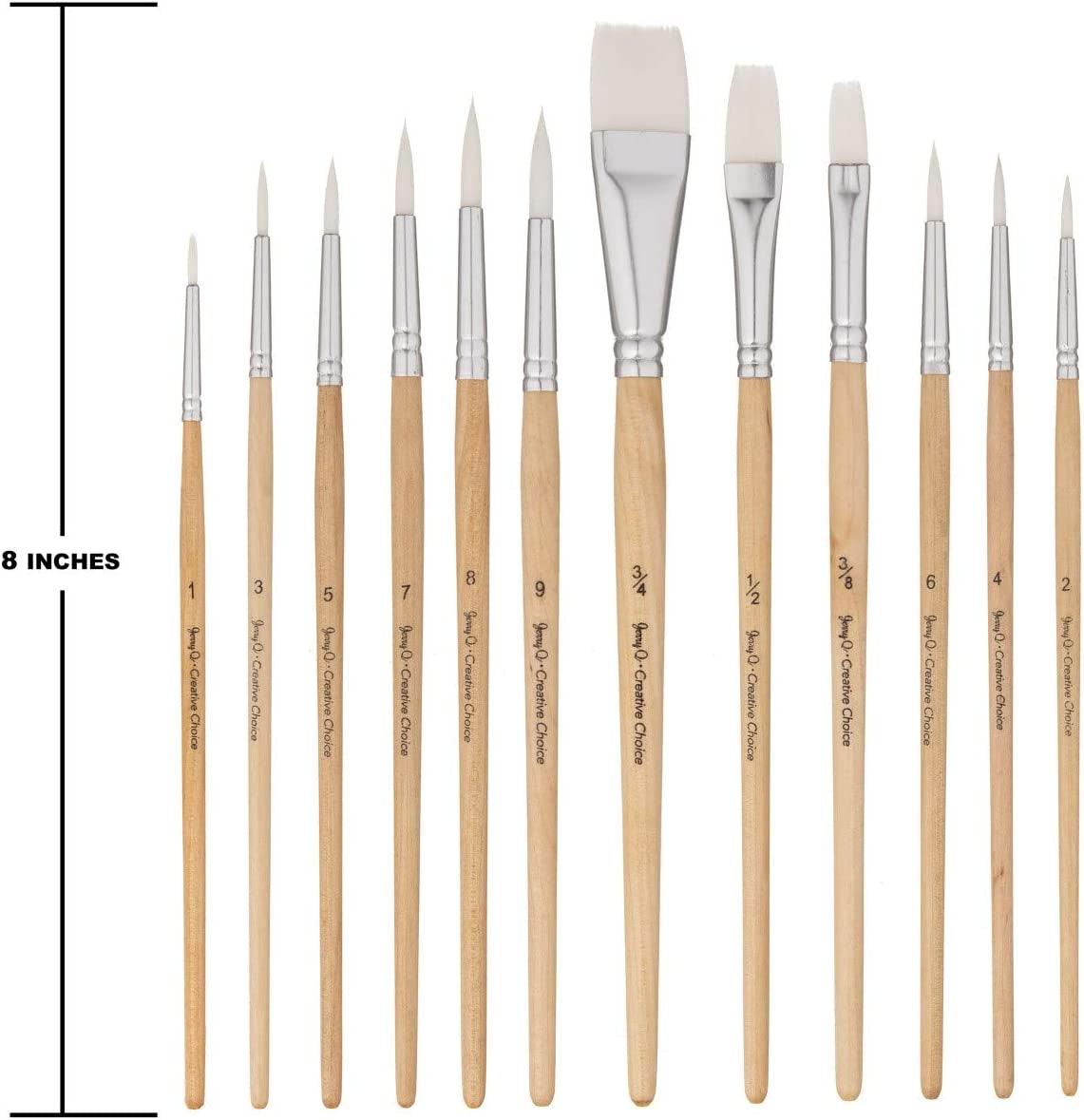 12 PC White Synthetic Hair round and Flat Paint Brush Set with Short Wood Handle for Acrylic, Watercolor WoodArtSupply