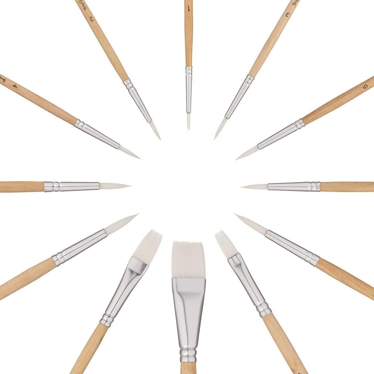 12 PC White Synthetic Hair round and Flat Paint Brush Set with Short Wood Handle for Acrylic, Watercolor WoodArtSupply