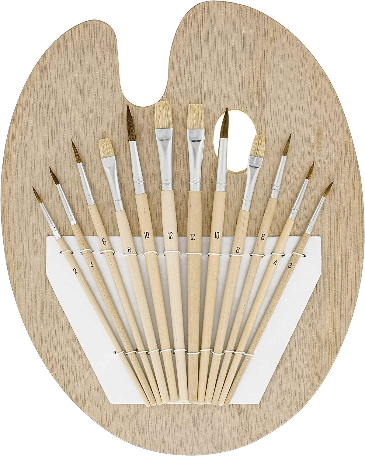 12-Piece Artist Paint Brush Set with 9" X 12" Wood Painting Palette round & Flat Bristle Paintbrushes WoodArtSupply