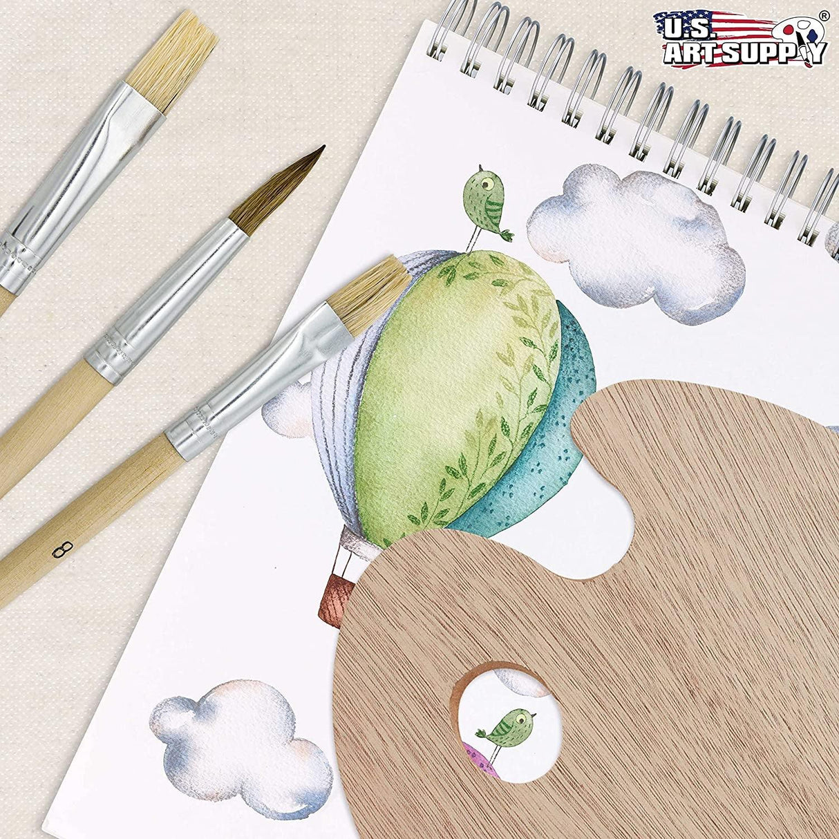 12-Piece Artist Paint Brush Set with 9" X 12" Wood Painting Palette round & Flat Bristle Paintbrushes WoodArtSupply