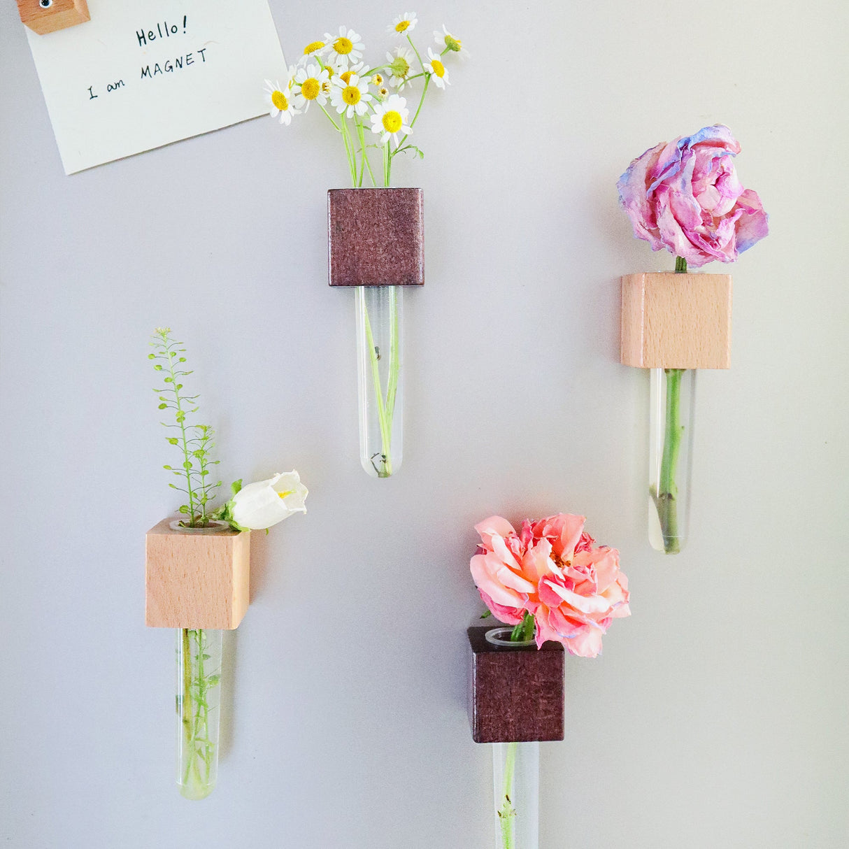 Mini Vase Magnets – Set of 2 – Beech & Walnut Wood – Decorative Fridge Magnets for Small Flowers or Greenery
