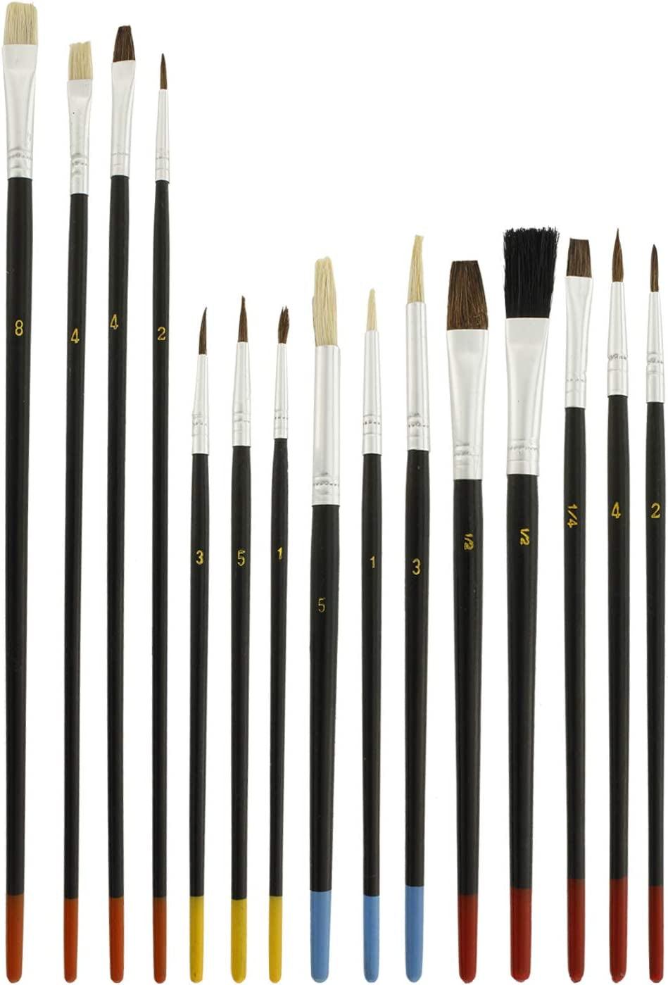 15pc Multi-Purpose Artist Paint Brush Set Pony round and Flat Bristles Canvas, Paper, Wood Watercolor, Acrylic, Oil WoodArtSupply