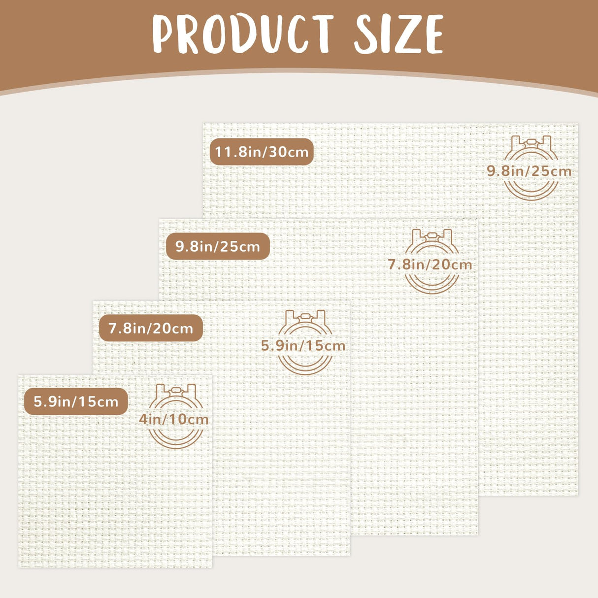 16 PCS Aida Cloth 14 Count Cross Stitch Fabric, 4 Different Sizes 5.9 to 11.8inch, Pre-Cut Squares Fabric for Craft Embroidery, Handmade Needlework, DIY Handicrafts (Beige) Nitelemn