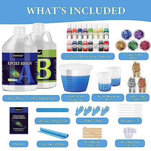 1 Gallon Crystal Clear Epoxy Resin Kit, High-Glossy& No Bubbles, Art & Casting Resin with 16 Epoxy Resin Pigment, Foil Flakes, Sequin,Craft Clear FUHITIM