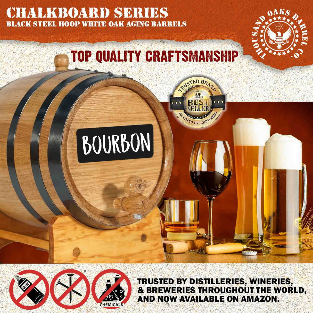 1 Gallon Whiskey Barrel Dispenser (5 Liter) with Chalkboard Front - Oak Barrel for Aging Whiskey, Wine, Tequila - Mini Bourbon Barrel Home Bar Decor THOUSAND OAKS BARREL