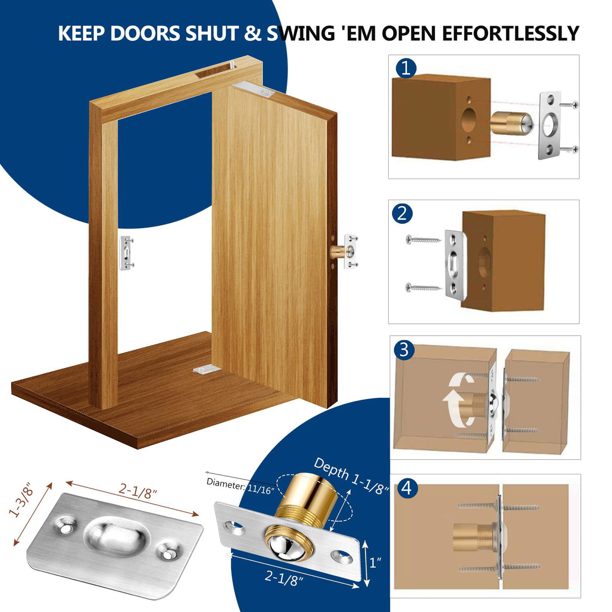 1 Pack | Heavy Duty Pivot Hinge Set with Door Ball Catch for Wood Door - HBL' Stainless Steel Hidden Door Hinge for Secret Door, 360 Degree Rotation, Invisible Pivot Door Hardware for Bookshelf. HBL'