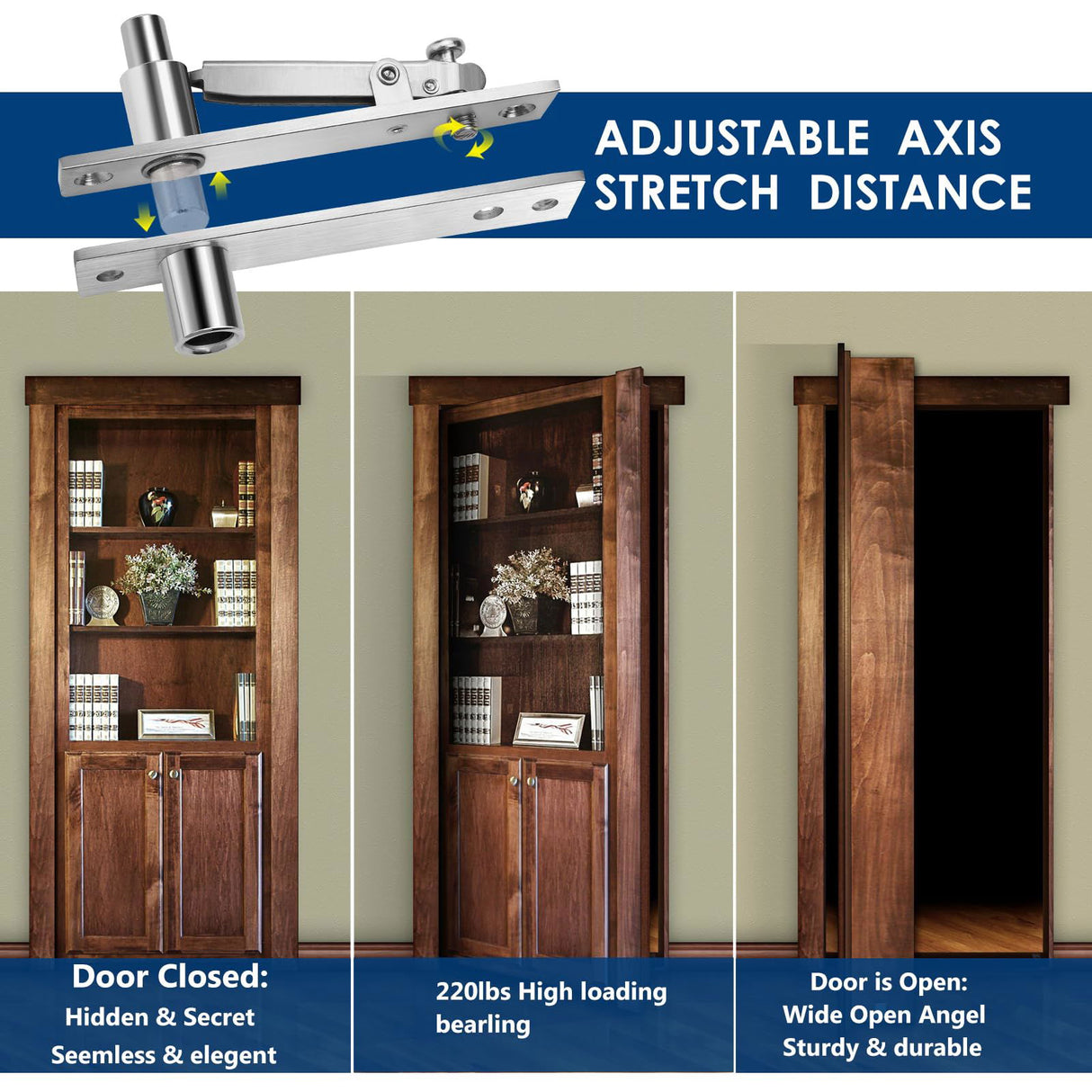 1 Pack | Heavy Duty Pivot Hinge Set with Door Ball Catch for Wood Door - HBL' Stainless Steel Hidden Door Hinge for Secret Door, 360 Degree Rotation, Invisible Pivot Door Hardware for Bookshelf. HBL'