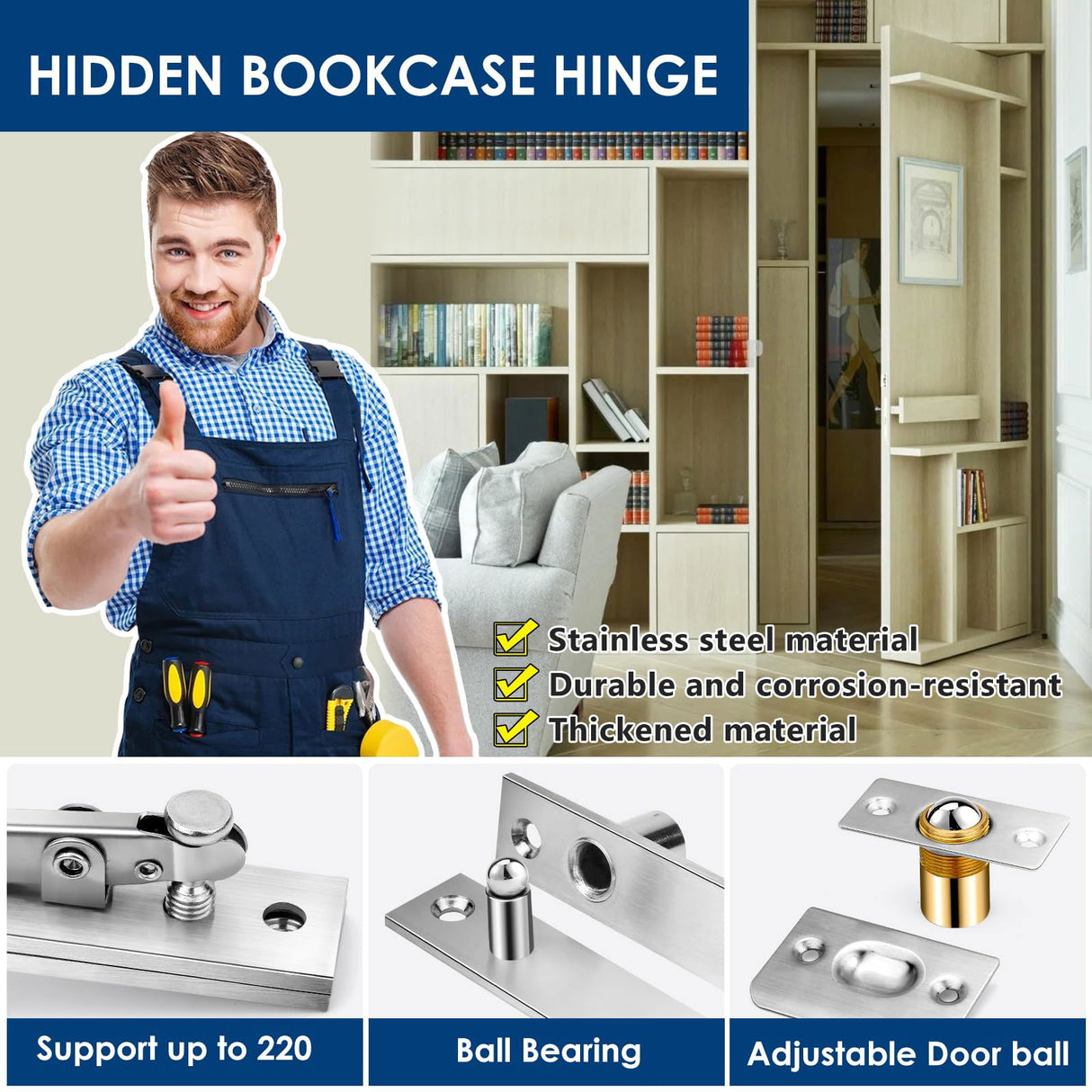 1 Pack | Heavy Duty Pivot Hinge Set with Door Ball Catch for Wood Door - HBL' Stainless Steel Hidden Door Hinge for Secret Door, 360 Degree Rotation, Invisible Pivot Door Hardware for Bookshelf. HBL'