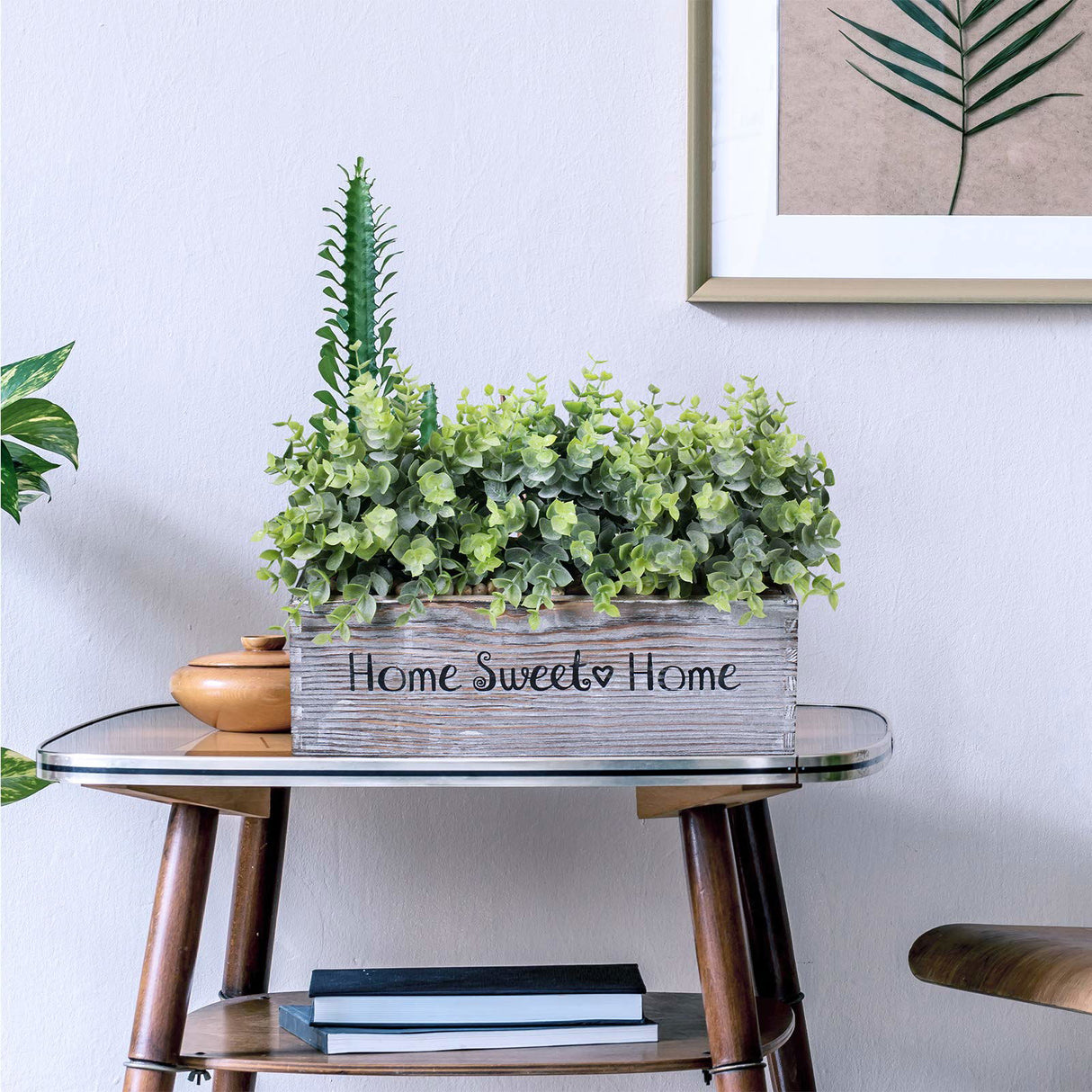 1 Pcs Wooden Potted Eucalyptus Plant Greenery Arrangement Artificial Eucalyptus Plant in Rectangular Wood Planter Box for Rustic Farmhouse Indoor Centerpiece Tabletop Window Sills Kitchen Shelf Decor Winlyn