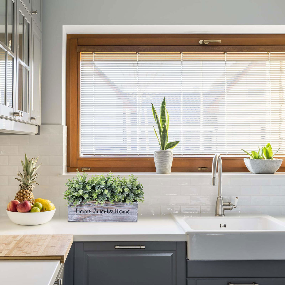 1 Pcs Wooden Potted Eucalyptus Plant Greenery Arrangement Artificial Eucalyptus Plant in Rectangular Wood Planter Box for Rustic Farmhouse Indoor Centerpiece Tabletop Window Sills Kitchen Shelf Decor Winlyn