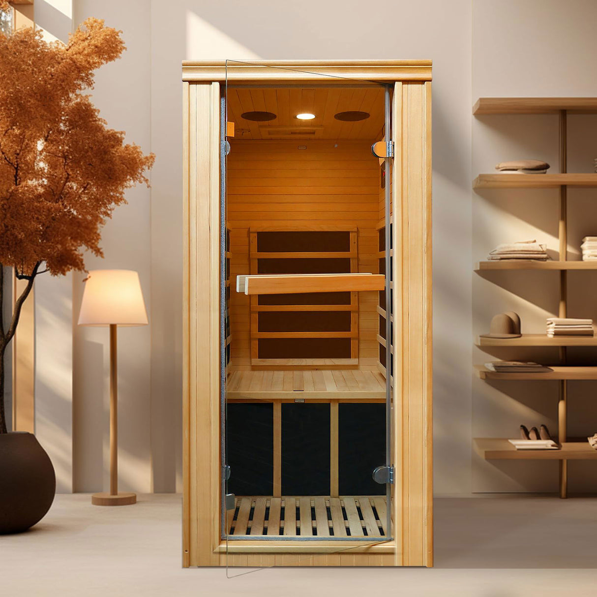 1 Person Far Infrared Sauna for Home, Mini Low-EMF Single Indoor 980W Dry Saunas, Wooden Canadian Hemlock Sauna with Sole Control, Tempered Glass Door, Oxygen Bar, Bluetooth Speakers, Reading Light ROCKINGRUN