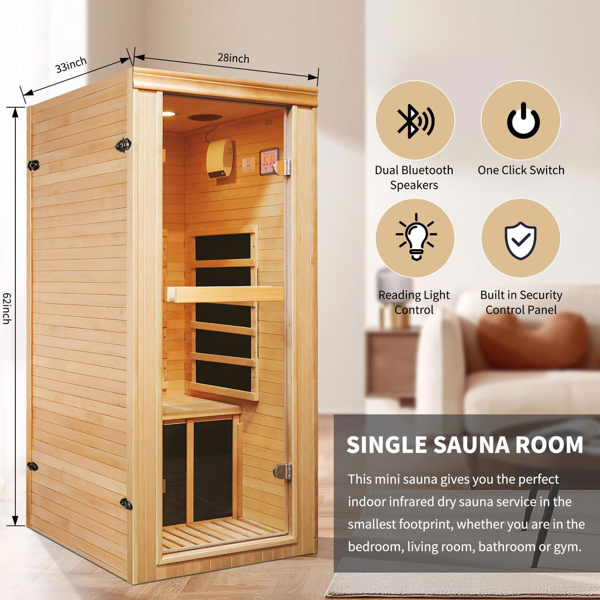 1 Person Sauna Room Easy to Install Far Infrared Sauna For Home Spa Carbon Heated Hemlock Wood With Glass Door Bluetooth Loudspeaker and Time Temperature LED Control Panel 110V980W 27.6*32.7*62.2 inch RIGO