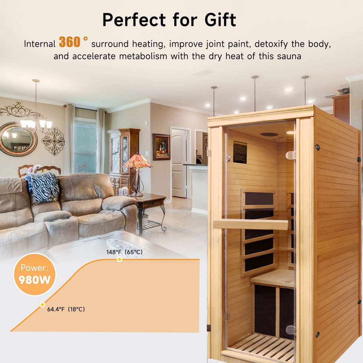 1 Person Sauna Room Easy to Install Far Infrared Sauna For Home Spa Carbon Heated Hemlock Wood With Glass Door Bluetooth Loudspeaker and Time Temperature LED Control Panel 110V980W 27.6*32.7*62.2 inch RIGO