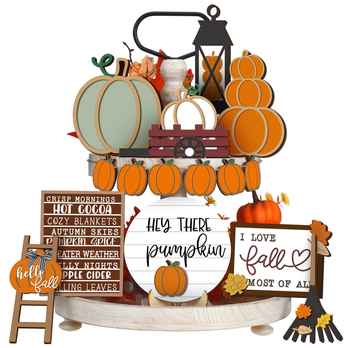 1 Set Fall Tiered Tray Decor Set Autumn Pumpkin Leaves Rustic Farmhouse Decor Thanksgiving Fall Decor Autumn Harvest Decorative Trays Wooden Tabletop Signs for Home Kitchen (Rustic Style) Maitys