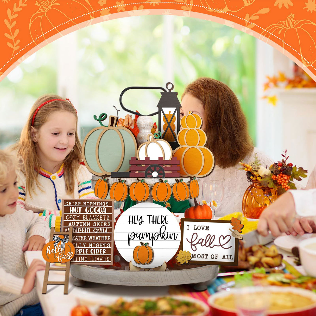 1 Set Fall Tiered Tray Decor Set Autumn Pumpkin Leaves Rustic Farmhouse Decor Thanksgiving Fall Decor Autumn Harvest Decorative Trays Wooden Tabletop Signs for Home Kitchen (Rustic Style) Maitys