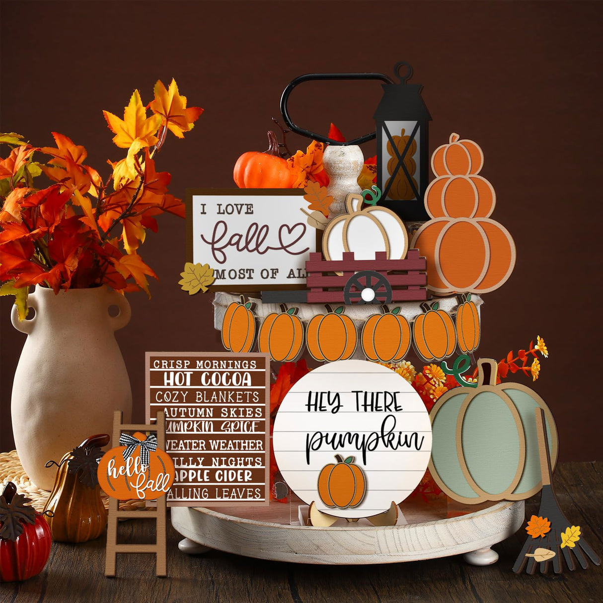 1 Set Fall Tiered Tray Decor Set Autumn Pumpkin Leaves Rustic Farmhouse Decor Thanksgiving Fall Decor Autumn Harvest Decorative Trays Wooden Tabletop Signs for Home Kitchen (Rustic Style) Maitys