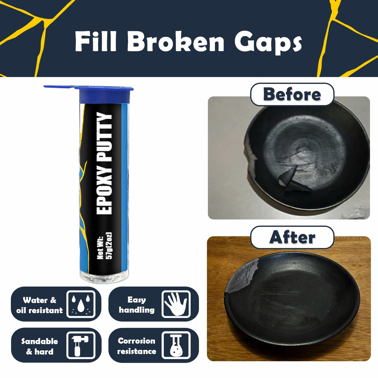 1DFAUL Kintsugi Repair Kit Gold, Gold Glue for Ceramics and Porcelain Repair, Kintsugi Kit Repairs Your Meaningful Ceramics, Suitable Gift for DIY Kintsugi Repair Starters 1DFAUL