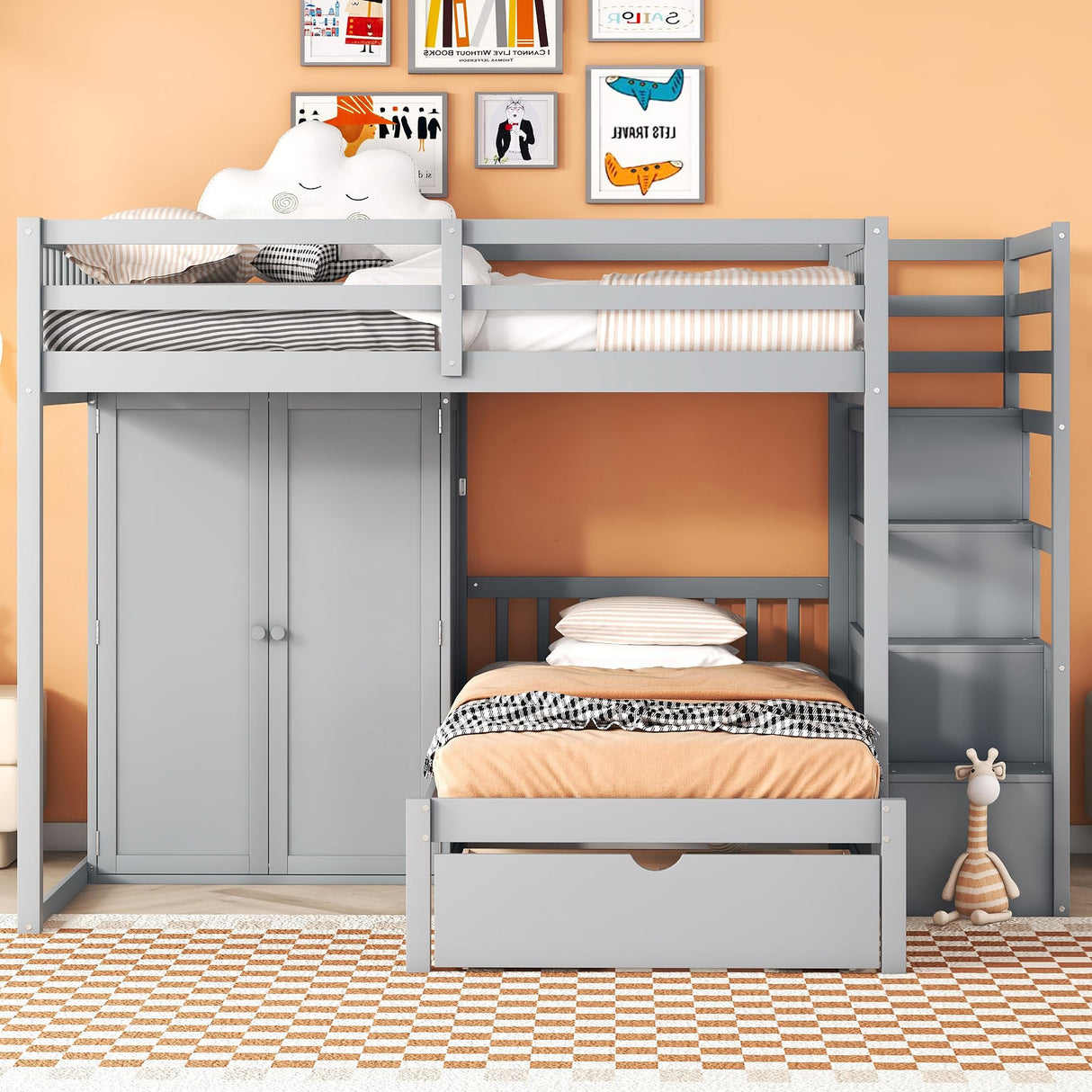 2 Beds in 1 Design Bunk Bed with Wardrobe and Drawer, L-Shaped Full Over Twin Bed Frame with Storage Staircase and Guardrail for Kids Teens Adults, Bedroom/Dorm Bed Foundation No Box Spring Needed FULife