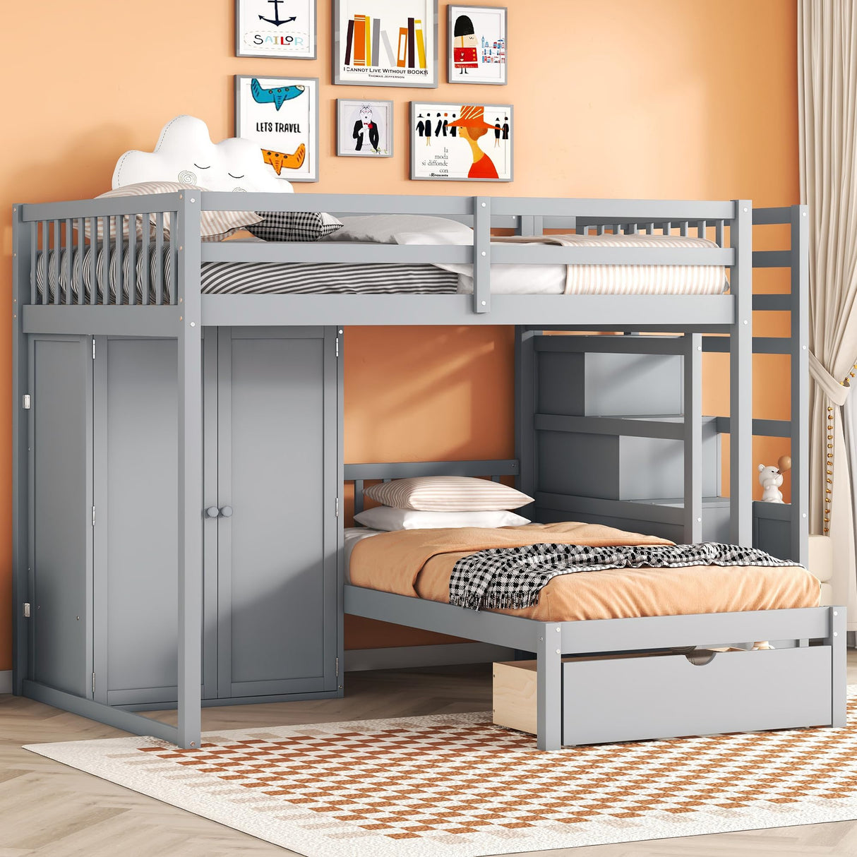 2 Beds in 1 Design Bunk Bed with Wardrobe and Drawer, L-Shaped Full Over Twin Bed Frame with Storage Staircase and Guardrail for Kids Teens Adults, Bedroom/Dorm Bed Foundation No Box Spring Needed FULife