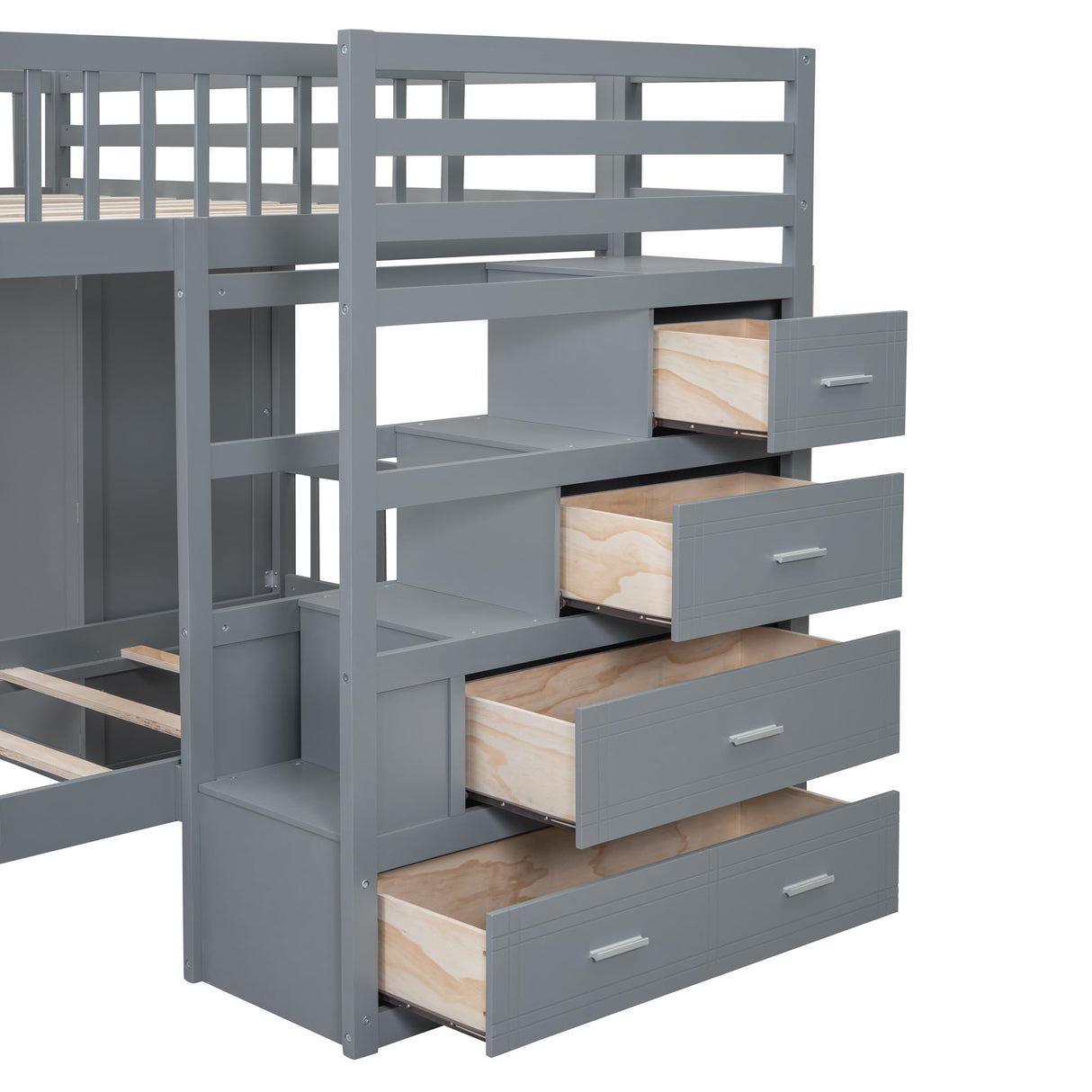2 Beds in 1 Design Bunk Bed with Wardrobe and Drawer, L-Shaped Full Over Twin Bed Frame with Storage Staircase and Guardrail for Kids Teens Adults, Bedroom/Dorm Bed Foundation No Box Spring Needed FULife