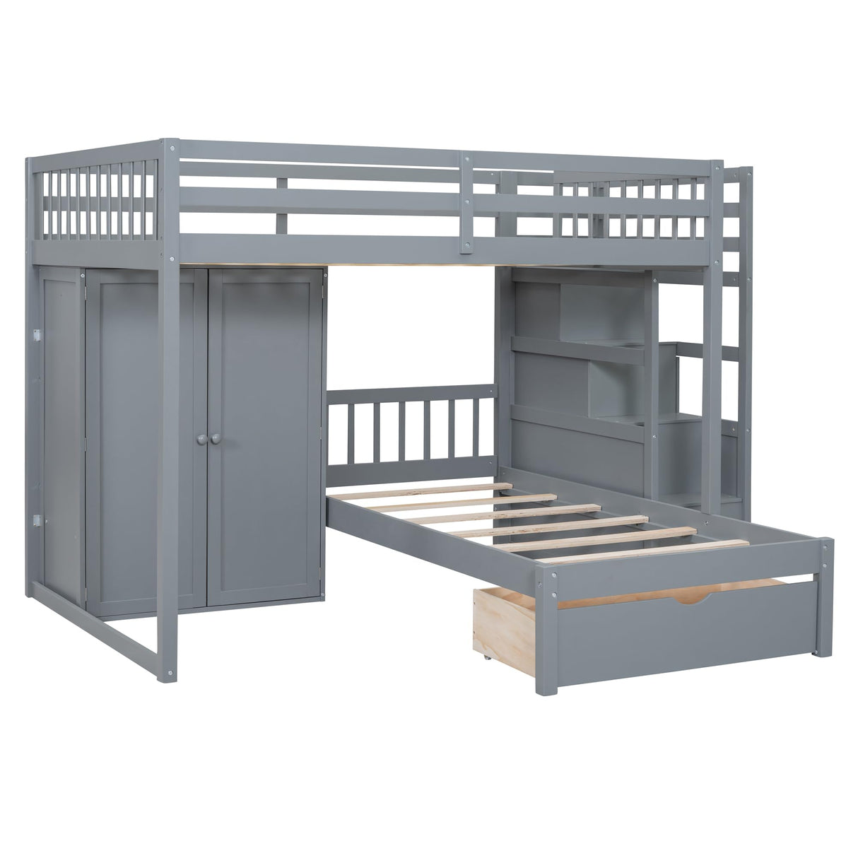 2 Beds in 1 Design Bunk Bed with Wardrobe and Drawer, L-Shaped Full Over Twin Bed Frame with Storage Staircase and Guardrail for Kids Teens Adults, Bedroom/Dorm Bed Foundation No Box Spring Needed FULife