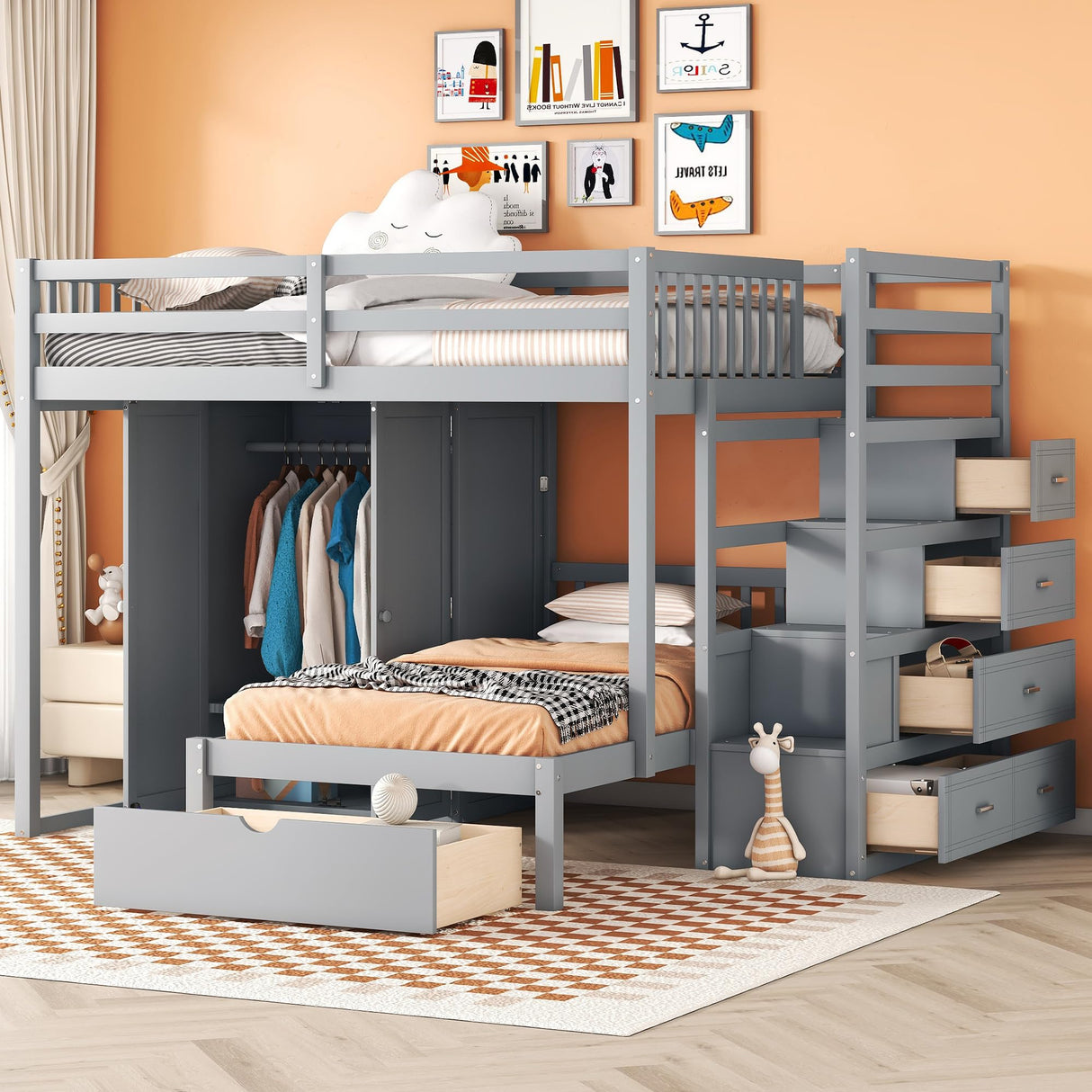 2 Beds in 1 Design Bunk Bed with Wardrobe and Drawer, L-Shaped Full Over Twin Bed Frame with Storage Staircase and Guardrail for Kids Teens Adults, Bedroom/Dorm Bed Foundation No Box Spring Needed FULife