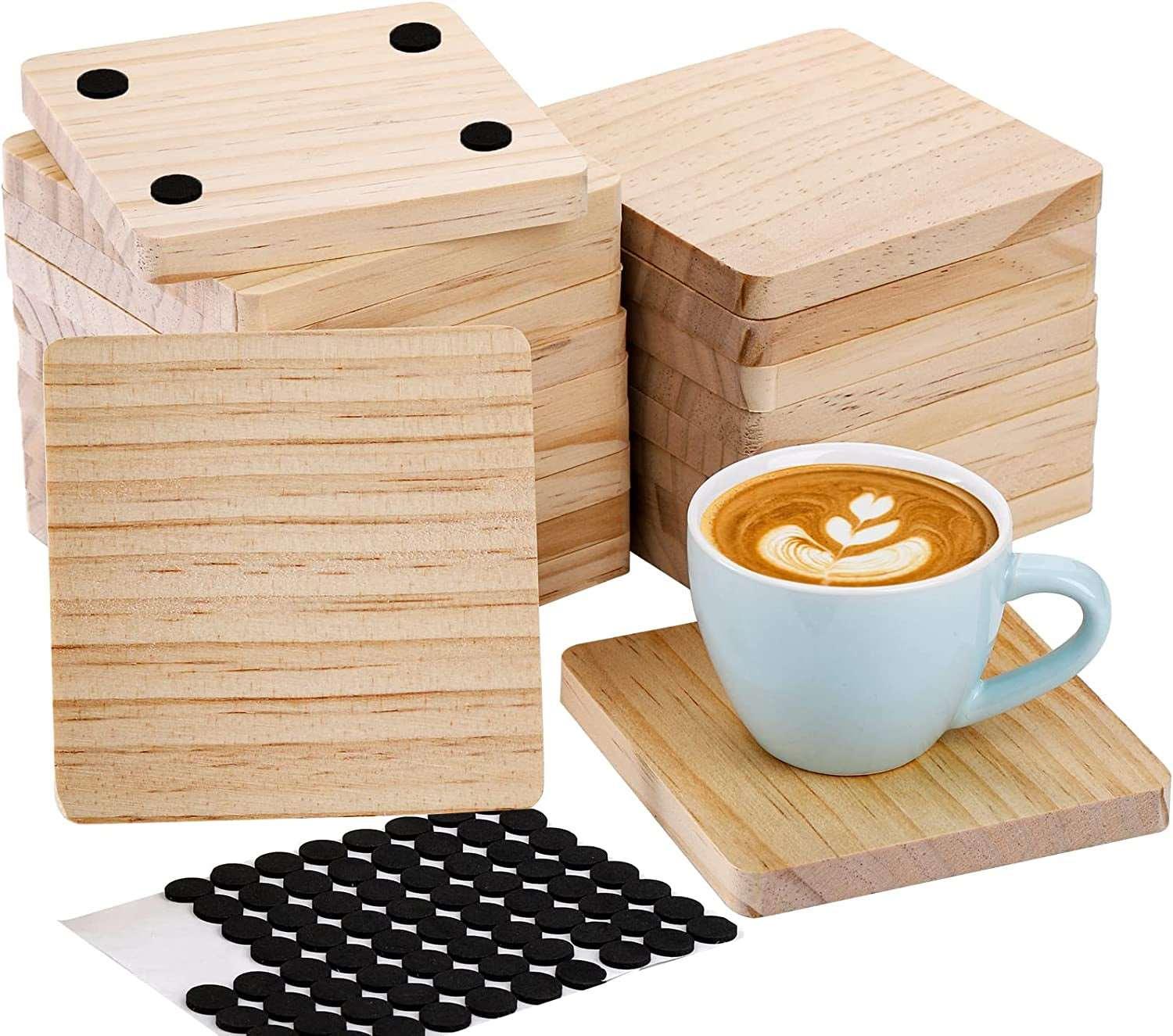 12 Pack Wood Coasters for Crafts, 4 Inch Unfinished Natural Wood Slices  with Non-Slip Silicon Dot, Blank DIY Crafts (Square)