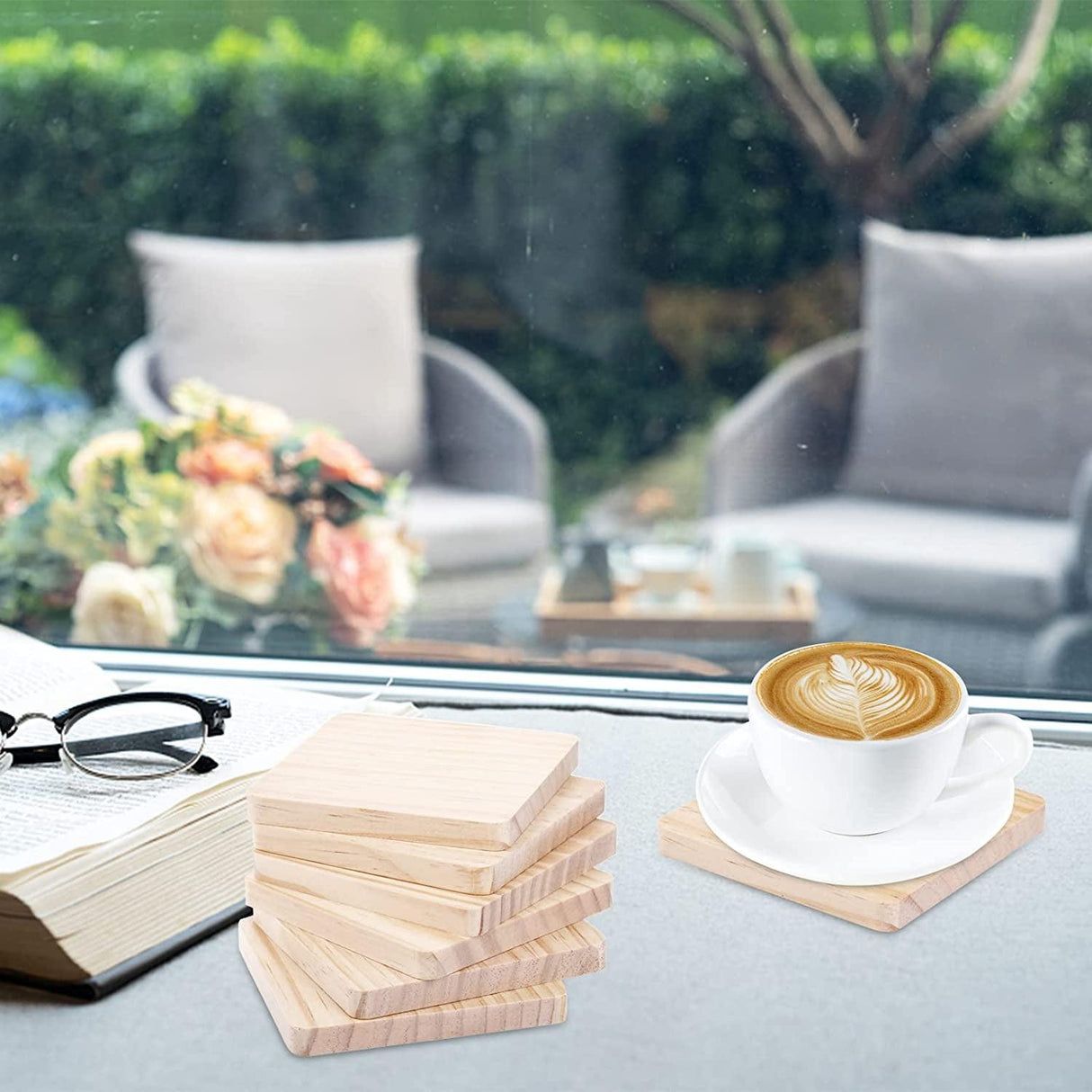 20PCS Unfinished Wood Coasters Square Blank Wooden Crafts Thick with 80PCS Foam Knots DIY 4 X 4 In WoodArtSupply