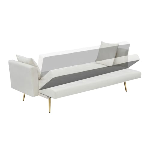 71" Modern Velvet Sofa Bed Futon, Convertible Sleeper Couch with Adjustable Backrest, Tufted Recliner Loveseat with Golden Chrome Legs & 2 Pillows for Small Spaces, Living Room, Apartment (Beige) Generic