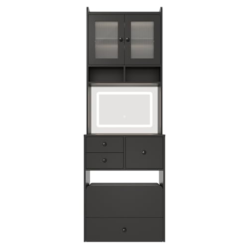 Garvee 3 in 1 Vanity Desk with LED Light, Tall Makeup Vanity Set with 2 AC Outlets & USB-c, Dressing Table with Drawers & Acrylic Doors, Nightstand Vanity Mirror, Jewelry Box, Cushioned Chair, Black Garvee