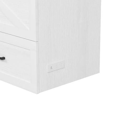 Ball & Cast Murphy Bed Full Size with Charging Station,Farmhouse Murphy Cabinet with Large Storage Drawer,Hideaway Bed Foldable Platform Bed for Guest Room, Apartment, White Ball & Cast